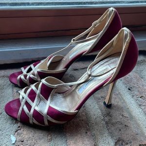 Brian Atwood Red and Gold T Strap Heels Sz 40